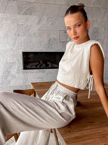 Elena | Zweiteiliges Leinen-Set mit Weitbein-Hose – Beige