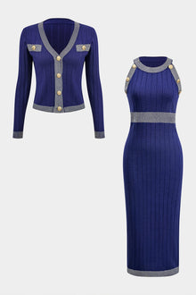 Laura | Strick-Set mit Cardigan & Bleistiftkleid – Marineblau