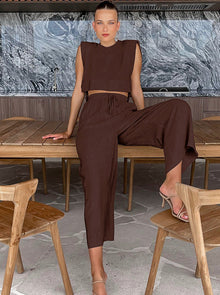 Elena | Zweiteiliges Leinen-Set mit Weitbein-Hose – Braun