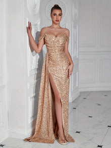 Elegantes Paillettenseitensplit Bodenlängenformelles Kleid Für Damen | Ideal für formelle Anlässe – Champagner