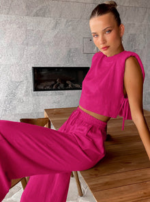 Elena | Zweiteiliges Leinen-Set mit Weitbein-Hose – Rosa