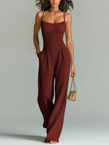 ElevenOra Stilvolles Kamel Strappy Ärmelloses Tailliertes Weites Bein Geripptes Strick-Jumpsuit – Dunkelrot