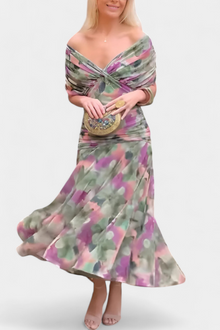Elfriede | Damen Off-Shoulder Gerafftes Maxi Kleid – Grün und Lila
