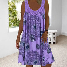Damen Sommer O-Ausschnitt ärmellosem Druck Kleid – Violett
