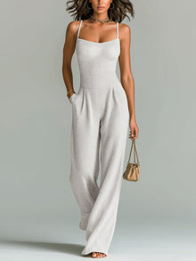 ElevenOra Stilvolles Kamel Strappy Ärmelloses Tailliertes Weites Bein Geripptes Strick-Jumpsuit – Weiß