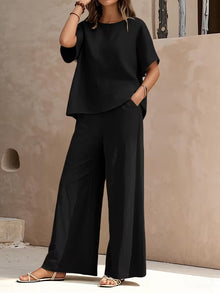 Josy – Set Aus Kurzärmeliger Bluse Und Hose mit Weitem Bein – Schwarz