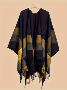 Kyrine - Poncho Schal Mit Fransen Und Geometrischem Muster – Schwarz-Gelb