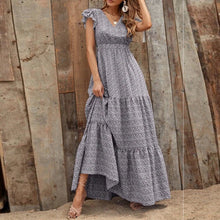 Bohemien Kleid mit V Ausschnitt und Blumenprint kurze Ärmel – Grau
