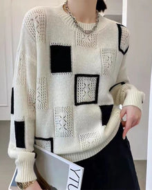Bequemer Baumwollpullover Mit Blöcken Für Damen | Perfekt für Alltagstragen – Weiß