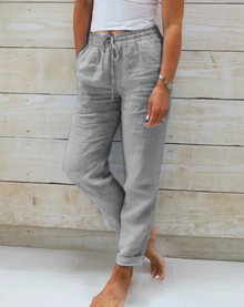 Leinenhose mit elastischem Bund und Kordelzug für Damen - Helga – Grau