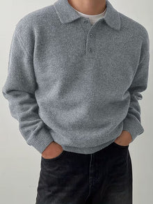 Yusif – Langärmeliger Strickpullover mit Knopfleiste – Grau