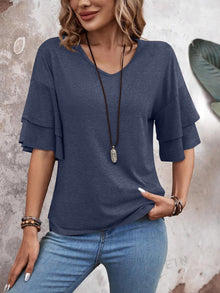 Ella | Halbarm-Bluse mit V-Ausschnitt – Indigo