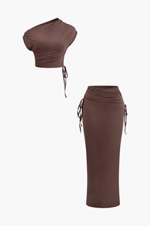 Melody | Asymmetrisches Zweiteiler-Set mit One-Shoulder Crop-Top & Maxi-Rock – Kaffee