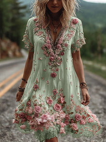 Giselda - blumenbesticktes Kleid – Grün