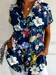 Nabilah - Lässiges Kurzarm Oberteil Mit Blumenmuster – Marineblau