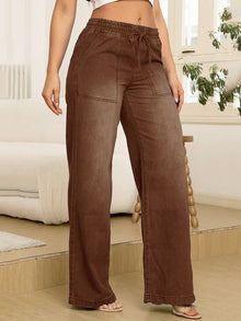 Verstellbare Kordelzug Taille Weite Bein Jeans für Frauen – Kaffee