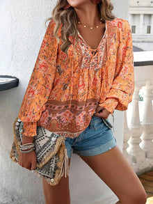 Boho-Bluse mit Schnürdetail | Weite Ärmel | Femininer Stil – Orange