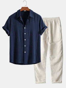 Button-Up Hemd und gerade geschnittene Hose aus Leinen-Rayon-Mischung – Marineblau