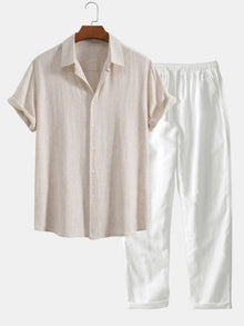 Button-Up Hemd und gerade geschnittene Hose aus Leinen-Rayon-Mischung – Beige