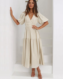 Elia- Kleid mit V-Ausschnitt und Puffärmeln – Creme
