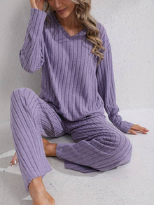 Damen Ripp Lounge Set mit langen Ärmeln – Lila