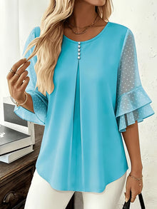 Hurley – Bluse Mit Rundhalsausschnitt Und Transparenten Rüschenärmeln – Himmelblau