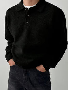 Yusif – Langärmeliger Strickpullover mit Knopfleiste – Schwarz