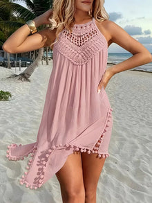 Shiena – Elegantes, Gehäkeltes Halter-Kleid Aus Spitze – Rosa