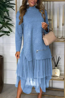 Kleid mit Rollkragen | Tüllrock | Layering-Design mit Reißverschlussdetail – Blau