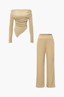 Daniela | Elegantes Zweiteiler-Set mit Asymmetrischem Oberteil & Weiten Hosen – Khaki