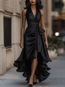 Denira - Schimmerndes drapiertes Wickelkleid – Schwarz
