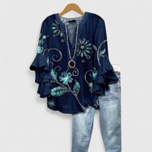 Viviane | Damen Blumen Rüschenärmel Casual Top – Dunkelblau