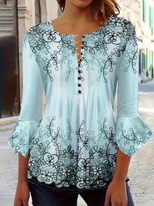 Mesley – Bluse Med Halvlange Ærmer, Blomsterprint Og Flæsekant – Hellgrün