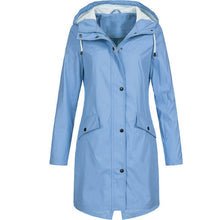 Damen nan wasserfester langer Regenmantel mit Kapuze und tailliertem Schnitt Drune – Blau