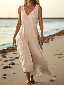 Brina - Elegantes Ärmelloses Maxikleid Mit V-ausschnitt – Khaki