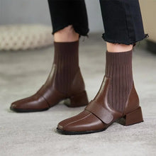 Damen-Stiefeletten mit elastischem Strickschaft – Modische Sock-Boots mit Blockabsatz – Braun