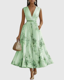 Isabella | Damen Ärmelloses Geplissiertes Blumen Midi Kleid – Grün
