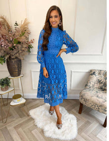 Lydia - Langes Damenkleid mit lebhaftem Patchwork – Blau