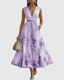Isabella | Damen Ärmelloses Geplissiertes Blumen Midi Kleid – Lila