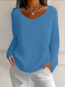 Bernice - Langärmliges Shirt Mit V-Ausschnitt Und Waffelmuster – Blau