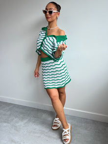 Strick-Set mit Wellenmuster | Kurzarm-Top & Minirock | Boho-Design – Grün
