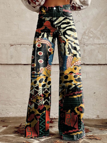 Weit geschnittene Jeans | High Waist | Abstrakter Ethno-Print – Mehrfarbig
