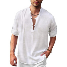 Herren Langarm Shirt mit V-Ausschnitt | Lockeres Freizeithemd mit Knöpfen – Weiß
