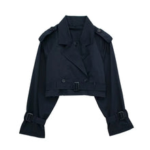Kurzer Damen-Trenchcoat aus veganem Leder – Marineblau