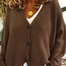 Birgit | Damen Freizeit-Strickjacke mit V-Ausschnitt und Knöpfen – Kaffee