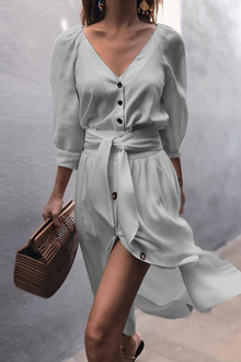 Yasmina® | Elegantes A-Linien-Kleid mit V-Ausschnitt und Gürtel – Grau