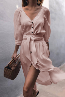 Yasmina® | Elegantes A-Linien-Kleid mit V-Ausschnitt und Gürtel – Rosa