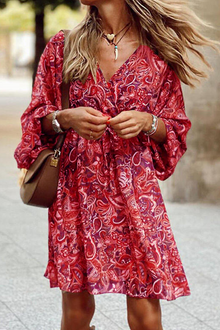 Yadira® | Vintage-Kleid mit Laternenärmeln und Aufdruck – Rot