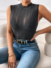 Laura | Elegantes Glitzer Stehkragen Trägerhemd – Schwarz