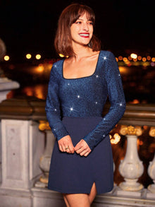Katharina | Frenchy Glitter Oberteil mit quadratischem Ausschnitt & Rock mit Schlitz – Schwarz